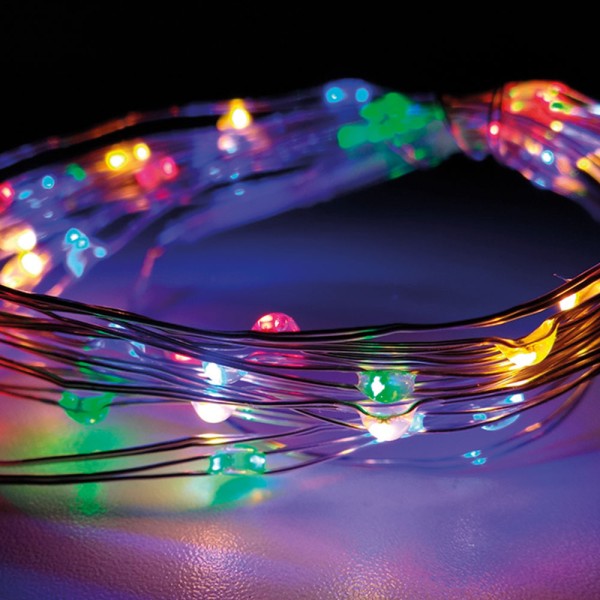 Guirnalda a pilas, función fija, uso interior, multicolor, cable alambre plateado, 40 leds, 195 cm