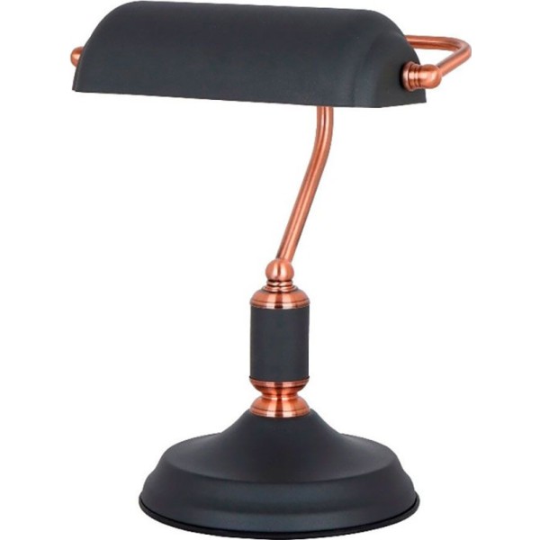 Lámpara de mesa, e27, tipo banquero, negra+cobre, base ø185 mm, 260 x 195 x 345 mm